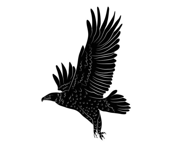 Black Silhouette Cartoon Flying Wild Eagle Isolate White Background Vector — Stock Vector