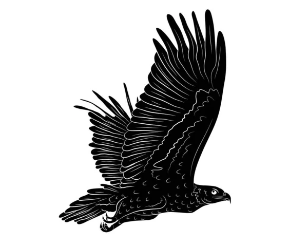 Sílhueta Preta Desenhos Animados Voando Águia Selvagem Isolado Fundo Branco — Vetor de Stock