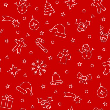 Noel kusursuz vektör deseni. Hediye, hediye ambalaj kağıdı. Xmas dokusu kış süsü arka planı. Tatil kutlaması duvar kâğıdı. Noel ağacı, Noel Baba tasarım elementleri.