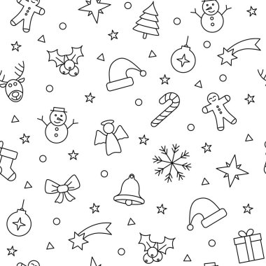 Noel kusursuz vektör deseni. Hediye, hediye ambalaj kağıdı. Xmas dokusu kış süsü arka planı. Tatil kutlaması duvar kâğıdı. Noel ağacı, Noel Baba tasarım elementleri.