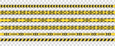 Uyarı bandı vektörü. Koronavirüsü karantinaya alın. Dikkat. Covid tehlike çizgisi. yeni covid salgını şeffaf arkaplan.