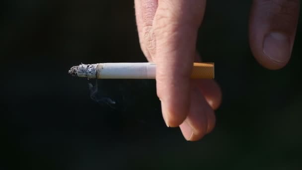 Homme main tenant la cigarette brûlante tout en fumant, dépendance à la fumée de tabac, mode de vie malsain — Video