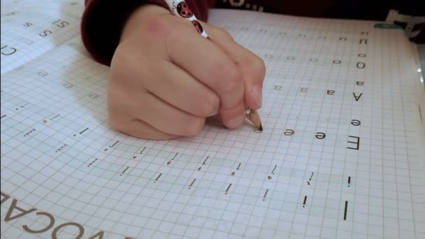 Close up of primary school kid hand while doing homework writing, excercise book — Stock Video