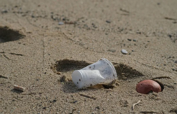 Poluição de detritos de plástico descartada no ecossistema da costa marítima, resíduos de pontas de cigarro, contaminação da natureza — Fotografia de Stock