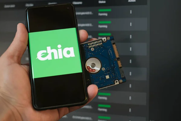 Man use Nova moeda criptomoeda verde Chia em um smartphone, hhd armazenamento moeda mineração agricultura — Fotografia de Stock