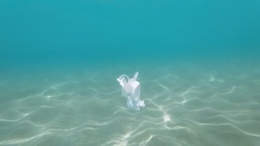 Kirlenmiş deniz ekosisteminde yüzen atılmış plastik bardak, çevre kirliliği