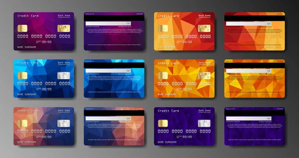 Set of realistic credit card two sides isolated. Detailed glossy cards. Credit debit card mockup — Vetor de Stock