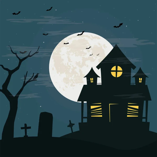 Noche oscura con casa de terror — Vector de stock