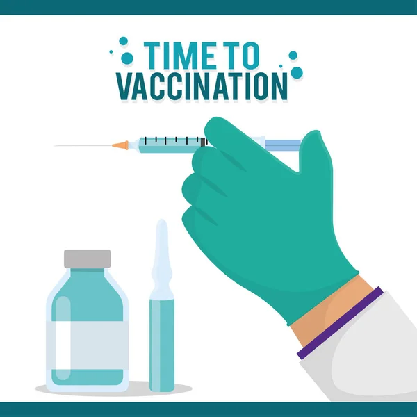Mano con jeringa y vial de vacuna — Archivo Imágenes Vectoriales