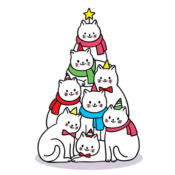 手描きの漫画かわいいメリークリスマス 猫のようなツリークリスマスベクトル — ストックベクタ