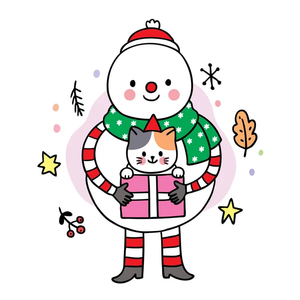 Dibuja Dibujos Animados Lindo Feliz Navidad Muñeco Nieve Gato Vector — Vector de stock