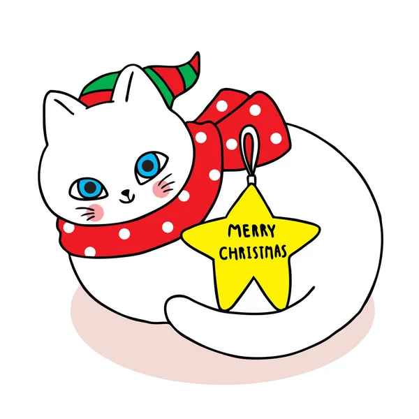 Handzeichnung Cartoon Niedlich Frohe Weihnachten Weiße Katze Und Sterne Vektor — Stockvektor