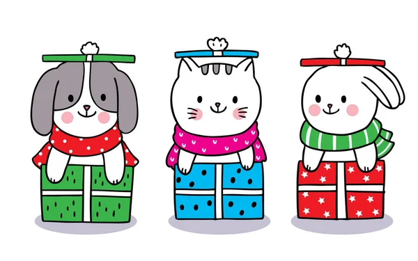 手绘卡通画可爱的圣诞快乐 猫和兔子在礼品盒病媒 — 图库矢量图片
