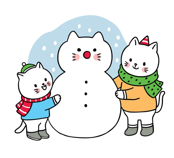 Mano Dibujar Dibujos Animados Lindo Feliz Navidad Gatos Jugando Vector — Vector de stock