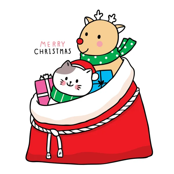 Dibuja Mano Dibujos Animados Lindo Feliz Navidad Gato Ciervo Vector — Vector de stock