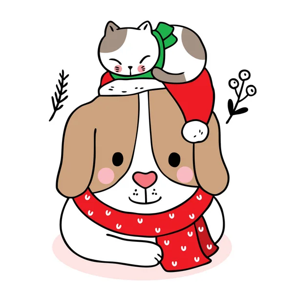 Disegno Mano Cartone Animato Carino Buon Natale Gatto Assonnato Sul — Vettoriale Stock