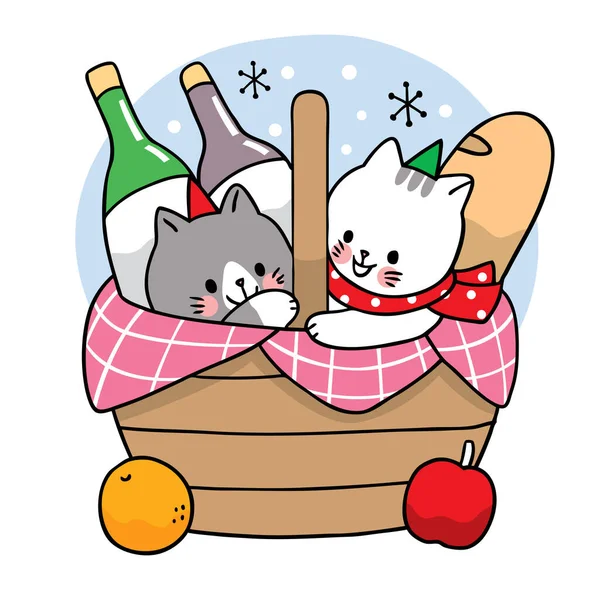 Mano Dibujar Dibujos Animados Lindo Feliz Navidad Dos Gatos Champán — Vector de stock