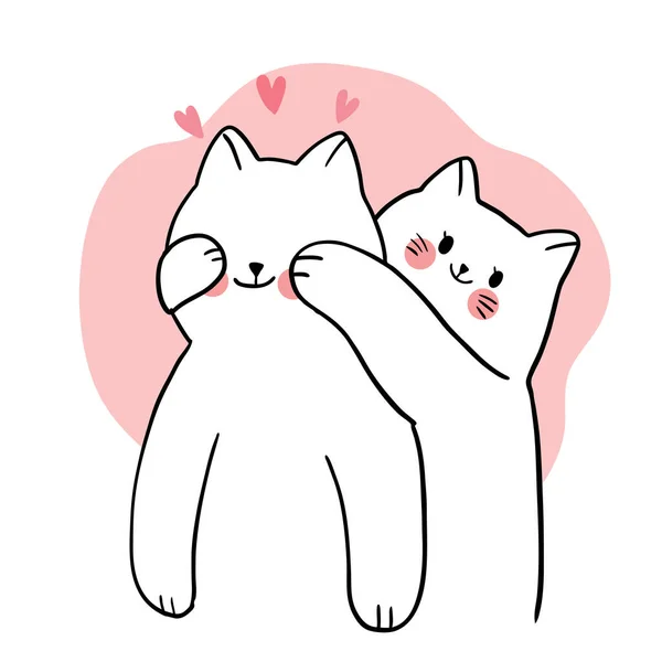 Mano Dibujar Dibujos Animados Lindo Día San Valentín Par Gatos — Vector de stock