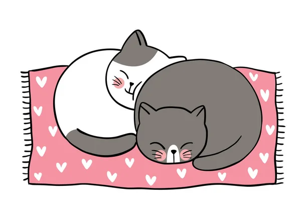 Mano Dibujar Dibujos Animados Lindo Día San Valentín Par Gatos — Vector de stock