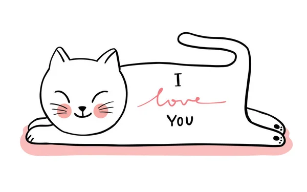 Mano Dibujar Dibujos Animados Lindo Día San Valentín Gato Blanco — Vector de stock