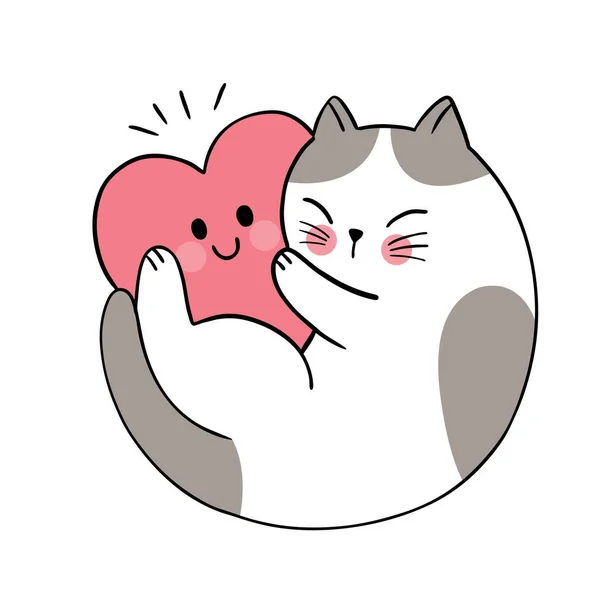 Gambar Tangan Kartun Lucu Hari Valentine Cat Memeluk Vektor Jantung - Stok Vektor