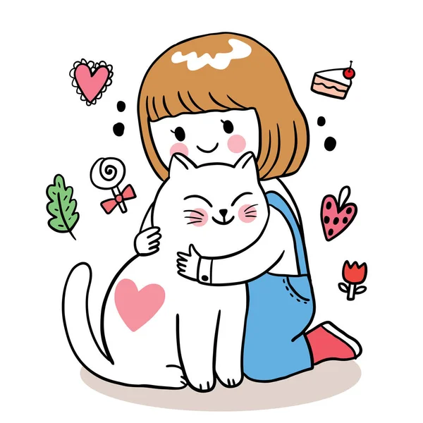 Handzeichnung Cartoon Niedlich Valentinstag Mädchen Umarmt Katze Vektor — Stockvektor