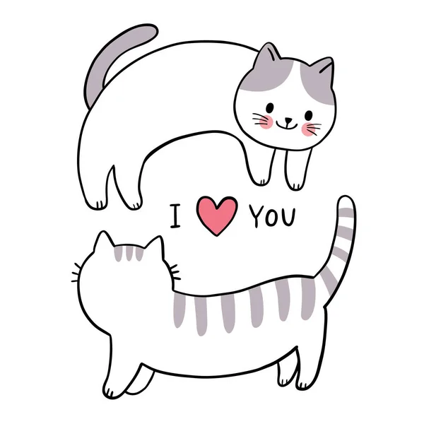 Mano Dibujar Dibujos Animados Lindo Día San Valentín Pareja Gatos — Vector de stock