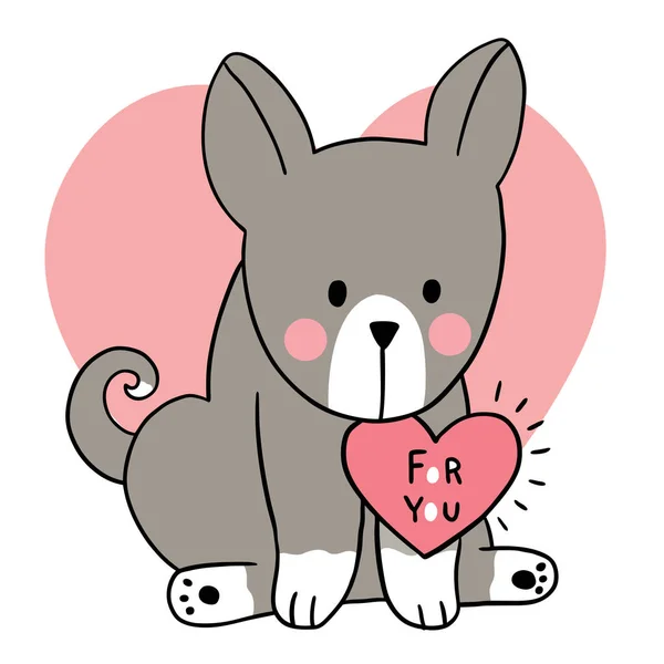 Ruční Kreslení Karikatura Roztomilý Valentýna Pes Bib Srdeční Vektor — Stockový vektor