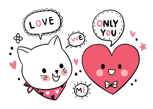 Hand Draw Cartoon Cute Valentine Day Cat Big Heart Vector — Stock Vector