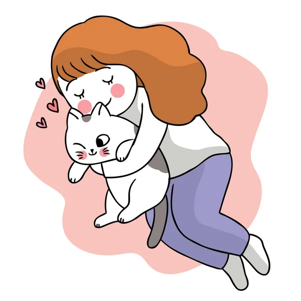 Mujer Abrazo Gato Mano Dibujar Dibujos Animados Lindo Vector — Vector de stock