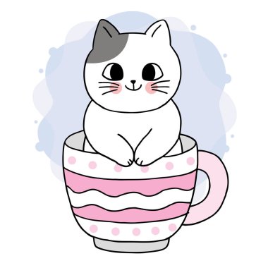 Fincan kahve vektöründeki çizgi film kedisi..