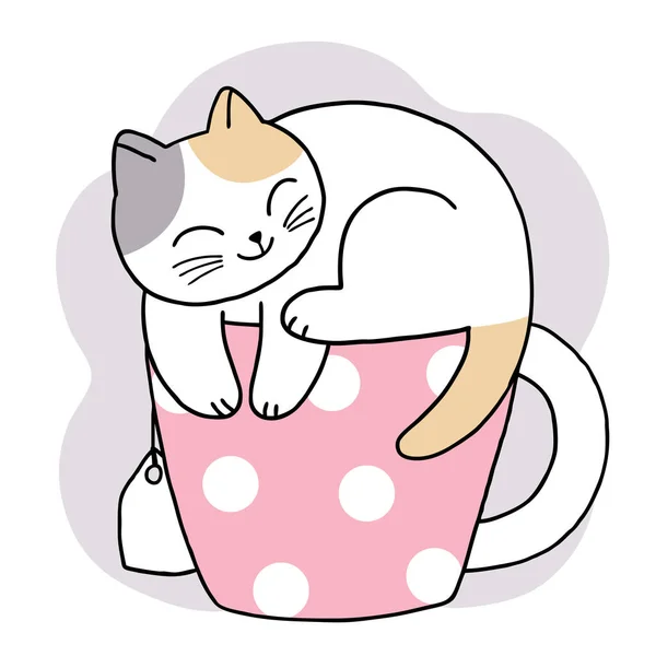 Cartone Animato Carino Gatto Dormire Sulla Tazza Caffè Vettore — Vettoriale Stock