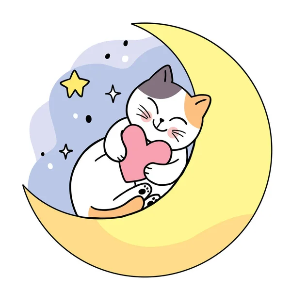 Desenhos Animados Bonito Gato Coração Lua Noite Vetor —  Vetores de Stock