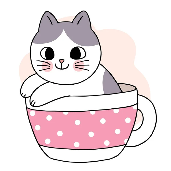 Cartoon Süße Katze Tasse Kaffee Vektor — Stockvektor