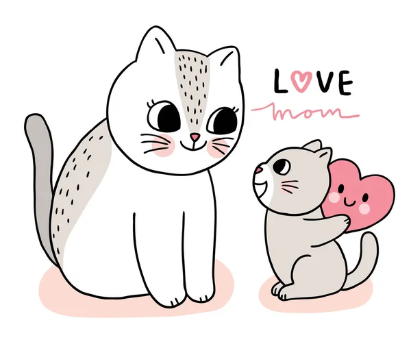 Dibujos Animados Lindo Mamá Bebé Gatos Gran Corazón Vector — Vector de stock