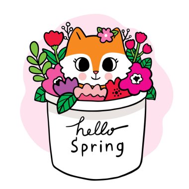 Çizgi film sevimli tilki ve saksı taşıyıcı tatlı çiçek.