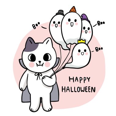 Çizgi film şirin el çizimi kedi ve hayalet bolonu, Cadılar Bayramı günü vektörü.