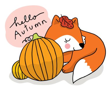 Çizgi film şirin el çizer tilki uykusu ve büyük balkabağı vektörü.