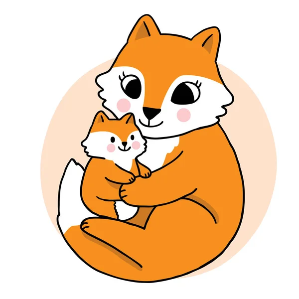 Cartone Animato Carino Mano Disegnare Mamma Volpe Abbraccio Baby Fox — Vettoriale Stock