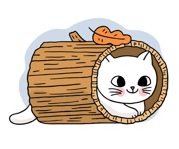 Cartone Animato Carino Mano Disegnare Gatto Nel Log Vettore Autunno — Vettoriale Stock