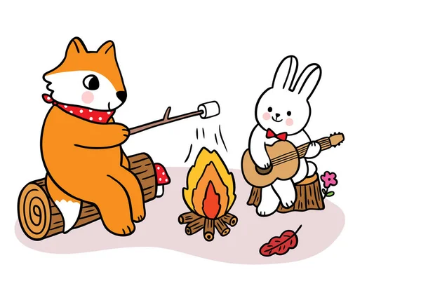 Dessin Animé Mignon Main Dessiner Renard Lapin Camping Automne Vecteur Illustration De Stock