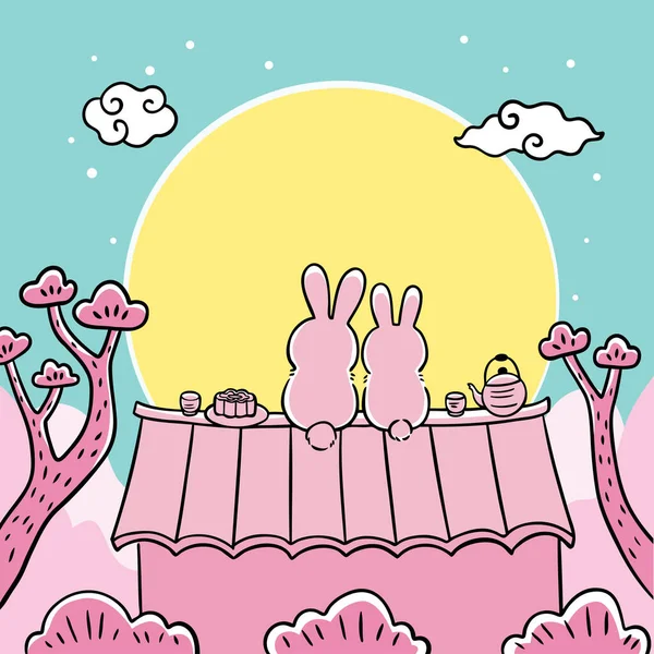 Ручной Рисунок Милый Мультяшный Осенний Фестиваль Белых Кроликов Лунный Вектор — стоковый вектор