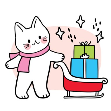 Hediye Kutusu İllüstrasyonlu Şirin Kedi.