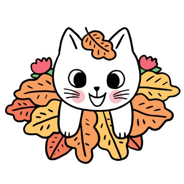 Çizgi film sevimli kedi ve yaprak vektörü.