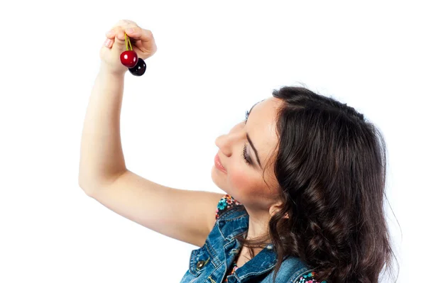 Nice girl and two cherries — Stock Photo, Image