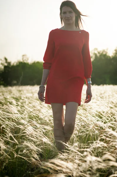 Pretty woman in feather-grass field — Stock Photo, Image