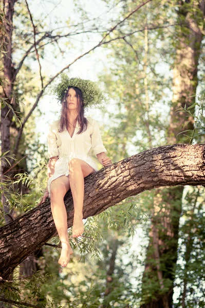 Beautiful woman sitting  on tree in fores — Stock Photo, Image