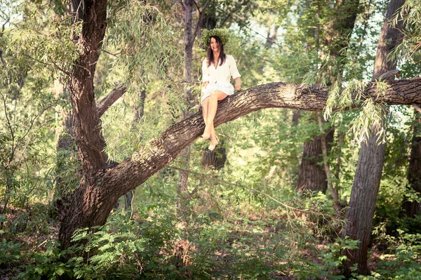 Beautiful laughing woman sitting  on tree in fores — Stock Photo, Image