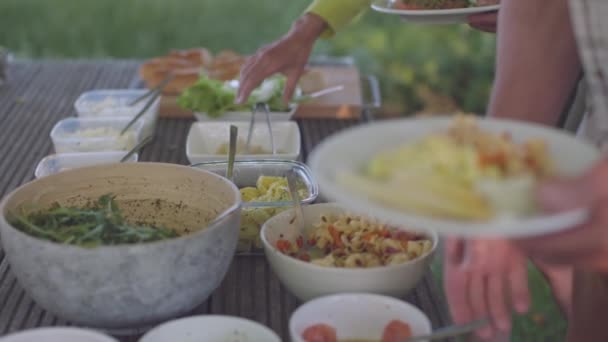 Parti Şöleninde Insanların Elleri Tabağı Yemekle Dolduruyor — Stok video
