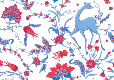 Geleneksel oryantal, mavi ve kırmızı çiçeklerin Arap deseni